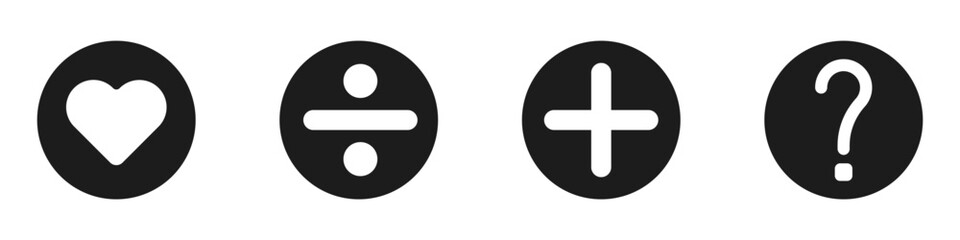 Christian symbols vector icon set. Icons of heart, division, cross, question mark vector. Love vector icon. Heart, cross, question in circle vector.