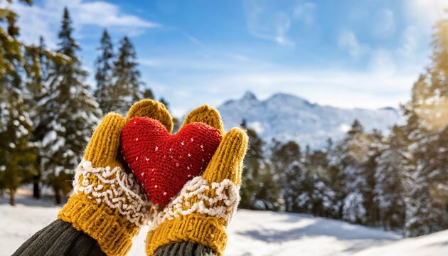 hands in gloves holding heart shape knitted object on a blurred winter landscape background with trees