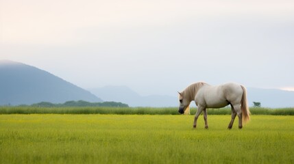 Horse grazing in a lawn. Beautiful outdoor background .