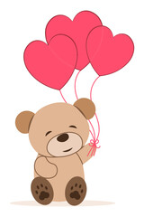Vector illustration of a bear with pink heart-shaped balloons. Teddy toy with balloons on a white background. Holiday card for Valentine's Day, Birthday, party.