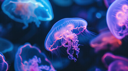 Bright neon colourful jellyfishes on a black background 