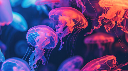 Bright neon colourful jellyfishes on a black background 