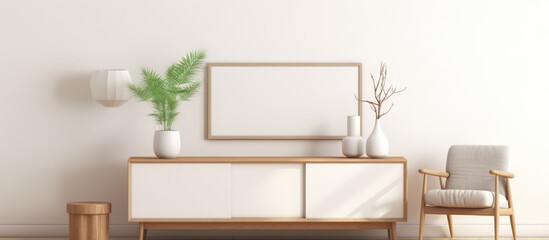 Minimalist decoration in a bright living room with white photo frames on wooden sideboard, plant, vases, and mirror.