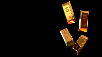 Four shiny gold bars floating in the air on black banner background , 3d illustration.
