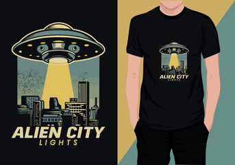 Retro Vintage Alien T-shirt Design, Alien City Lights T-Shirt Design