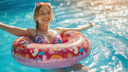 girl in the pool on an inflatable donut is having fun on a hot summer day