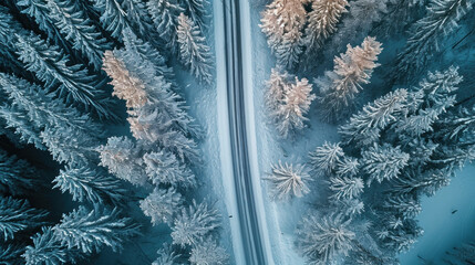 aerial view Road Leading Through The Winter Forest