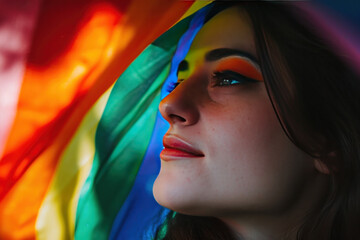portrait of a woman with colorful LGBTQ flag 