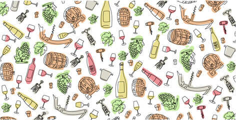 colorful wine elements hand drawn, doodle and vector illustration icons set