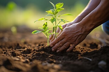 Fototapeta premium Close-up of farmers hands planting young seedlings in ground with warm sunlight