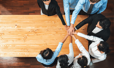 Multiracial business people make synergy hand stack together in meeting room as cooperation or team building for corporate employee in workplace. Panorama top view. Meticulous - Powered by Adobe