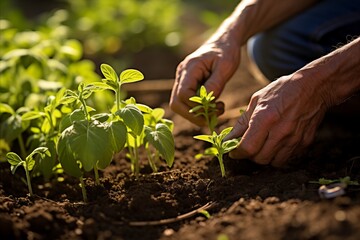 Close-up of farmers hands planting young seedlings in ground with warm sunlight
