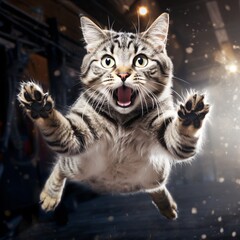 Naklejka premium a grey cat jumping into the air