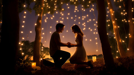 Romantic proposal under twinkling lights, capturing the magic of love with a glistening ring, intimate setting, and scattered rose petals. Perfect for conveying timeless romance.