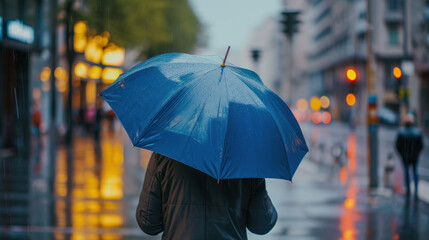 Rear view of male holding umbrella in rainy city