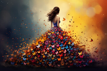 illustration of a ballerina in a dress, on a background of colorful butterflies. Created with Generative AI