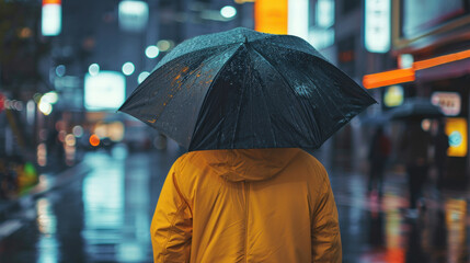Rear view of male holding umbrella in rainy city