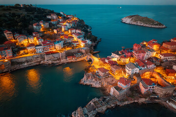 Aerial view of historic Ottoman and Turkish town Amasra view from drone.