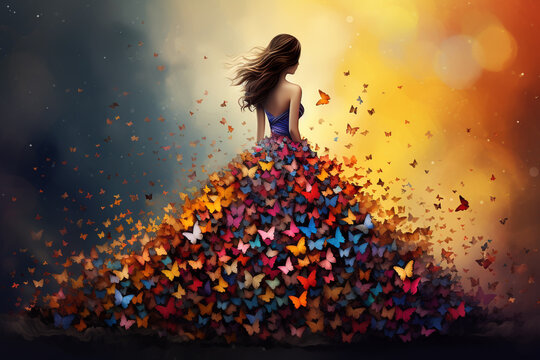 Fototapeta illustration of a ballerina in a dress, on a background of colorful butterflies. Created with Generative AI