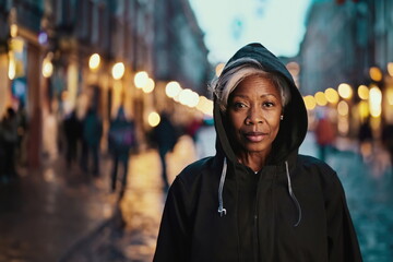 Fototapeta premium Elderly blonde woman in hooded jacket on a mysterious city street at night, curious and concerned