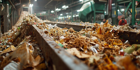busy recycling facility with large amounts of waste on conveyor belts as workers sort through the recyclables in the background