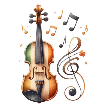  Watercolor Irish fiddle and musical notes,St. Patrick's Day Celebrations - Illustration Isolated on Transparent Background