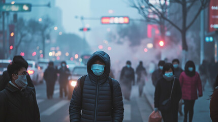 person in a hood and mask stands out in a crowd on a foggy city street with blurred traffic lights and pedestrians in the background