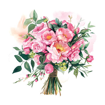 pink wedding bouquet cartoon style watercolor illustration on white background