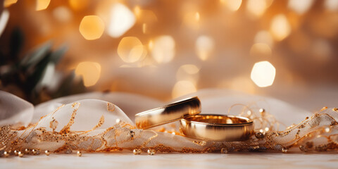 Designer wedding rings with stones, diamonds on a beautiful background with golden bokeh. - obrazy, fototapety, plakaty
