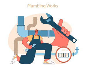 Plumbing works. A skilled plumber with tools at the ready for pipe repairs and maintenance, ensuring system efficiency. Flat vector illustration