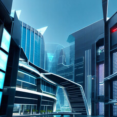 Modern office building or business center. High-rise windor buildings made of glass reflect the clouds and the sunlight. empty street outside  wall modernity civilization. growing up business