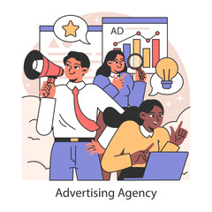 Engaging advertising agency concept. A dynamic team collaborates on marketing strategies and analytics for successful ad campaigns. Creative and analytical synergy. Flat vector illustration.