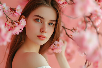 Obraz na płótnie Canvas Spring woman's portrait in cherry blossom, fashion shot 