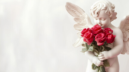  Cute cupid holding a bunch of roses White background