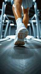 Close up of feet, sportsman runner running on treadmill in fitness club. Cardio workout. Healthy lifestyle, guy training in gym. - obrazy, fototapety, plakaty