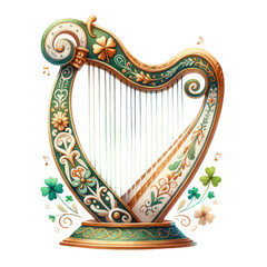 Watercolor of An Irish harp with decorative elements, St. Patrick's Day Celebrations - Illustration Isolated on Transparent Background - obrazy, fototapety, plakaty