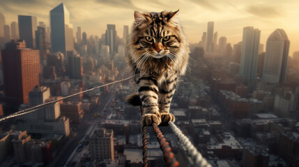 Perfectly balancing cat walking on a rope against the backdrop of a city at high altitude - obrazy, fototapety, plakaty