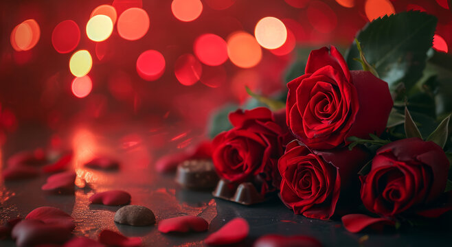 Valentine card with red roses, rose petals