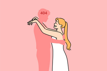 Lonely woman hugs fictional man, experiencing psychological distress due to absence of boyfriend. Lonely girl invented non-existent groom with number 404 on head needs help of psychotherapist