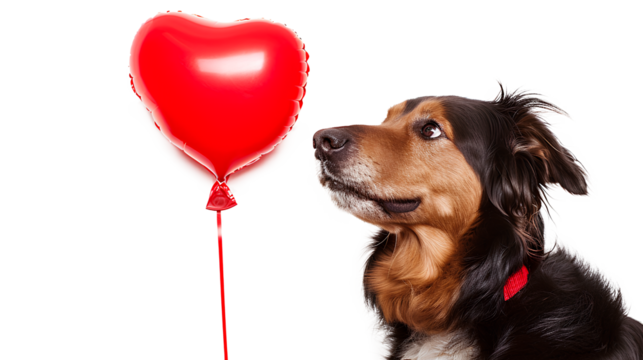 Dog in love with a red heart balloon isolated on a white background, Valentine's Day Concept