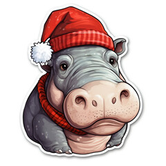 a christmas sticker of a hippo wearing santa claus hat created with Generative Ai