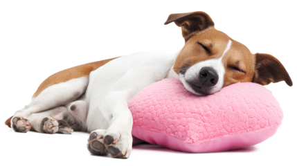 Dog sleeping on heart shaped pink pillow isolated on white Background, Valentine's Day Concept