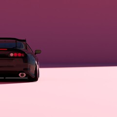 4K Square rear or back view angle a black metalic supercar with Pink pastel color background isolated, JDM japan car or Japanese Domestic Market