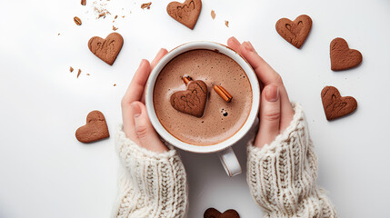 Female hands holding a cup of hot chocolate with heart-shaped cookies isolated on a white background, Valentine's day concept - obrazy, fototapety, plakaty