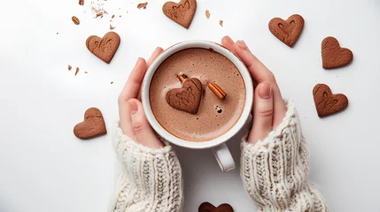 Poster Female hands holding a cup of hot chocolate with heart-shaped cookies isolated on a white background, Valentine's day concept © MONWARA