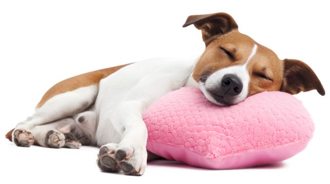 Dog sleeping on heart shaped pink pillow isolated on white Background, Valentine's Day Concept
