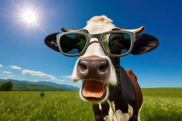 Funny cow wearing in sunglasses in a field.