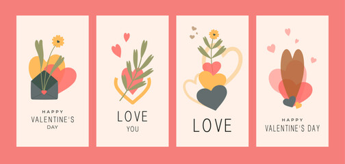 Greeting card for Valentine's Day with abstract hearts in retro style. Happy Valentine's Day, wedding invitation. Set of vintage cards. Flat style. Vector illustration.