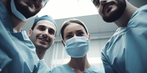 Illustration of group of cheerful doctors looking at camera after successful operation in bright lit hospital room. Patient low angle point of view. - obrazy, fototapety, plakaty