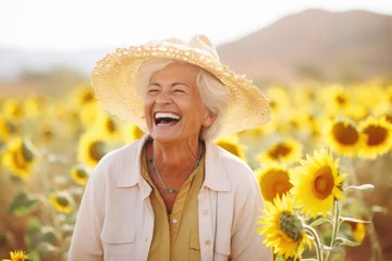 Zelfklevend Fotobehang person in the middle of sunflowers landscape © kues1